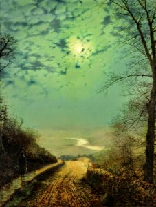 A Wet Road By Moonlight , Wharfedale -   John Atkinson Grimshaw