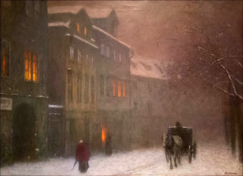 Street with cab in winter dusk  - Jakub Schikaneder