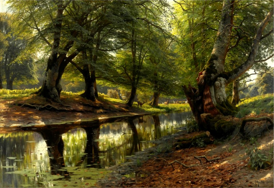 A Stream Through the Glen, Deer in the Distance -  Peder Mork Monsted