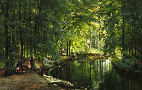 A stream in the spring woods with two women in a rowing boat - Carl Frederik Aagaard. Free illustration for personal and commercial use.
