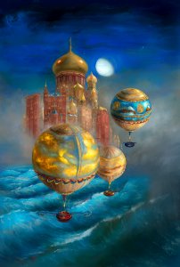 Ballooning in Liesel City Midnight. Free illustration for personal and commercial use.