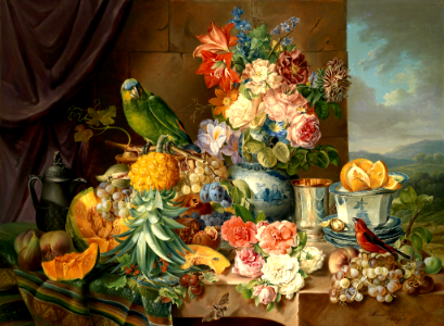 Still life with fruits, flowers and parrot (1836). Free illustration for personal and commercial use.