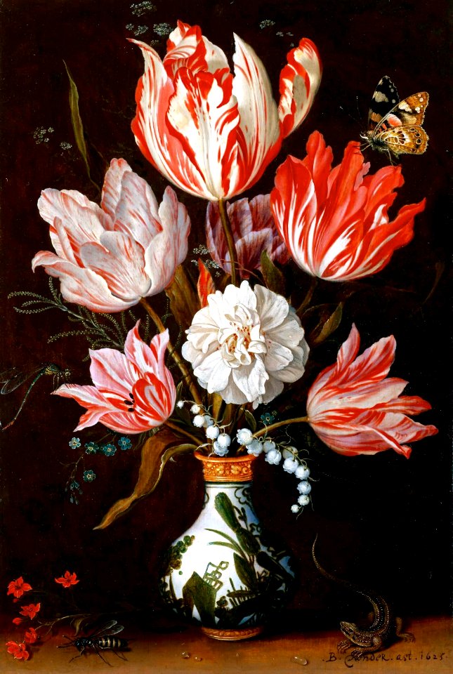 A still life of tulips and other flowers in a ceramic vase (1625)