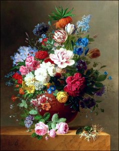 Still life of roses, lilac, peonies, tulips, an iris, auriculus, Fritillaria imperialis, morning glory, and other flowers in a terracotta vase on a stone ledge, with a sprig of honeysuckle (1812). Free illustration for personal and commercial use.