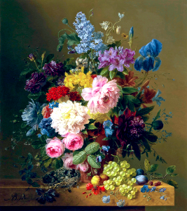 Flowers with Fruit and a Bird's Nest on a Marble Ledge (1840). Free illustration for personal and commercial use.