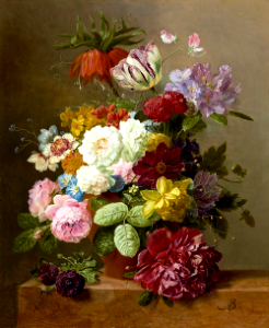 Crown imperial, peonies, roses, dahlias, anemones, sweet peas, tulip and other flowers in a teracotta, on a marble ledge (1786-1844). Free illustration for personal and commercial use.