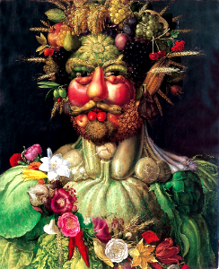 Vertemnus. Depicts Rudolf II, Holy Roman Emperor painted as Vertumnus, the Roman God of the seasons. A conventional painter otherwise, he gained fame painting human heads as vegetables, flowers, fruits, and roots. Giuseppe Arcimboldo (1591)