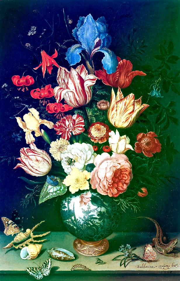 Chinese vase with flowers, shells and insects (1628) Oil on panel. Balthasar van der Ast (1594 – 1657)