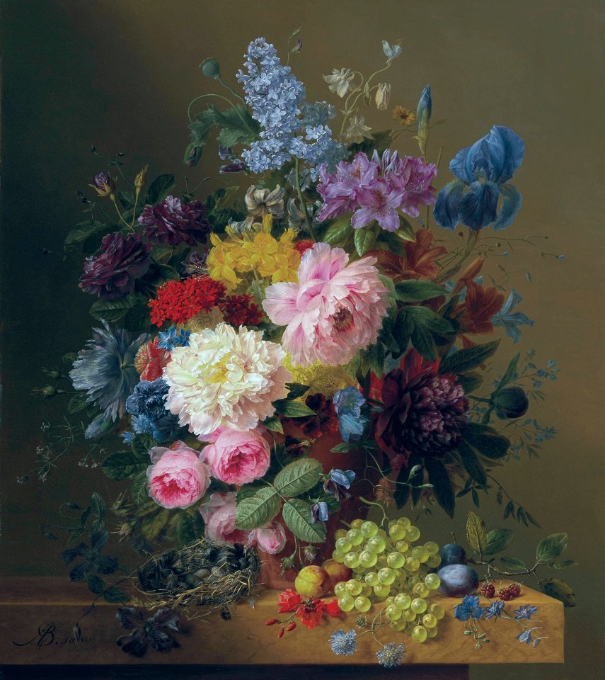 Still life with flowers and fruit with bird's nest on marble ledge.