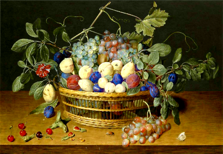 Still life with plums, grapes and peaches in a wicker basket, with Cherries, Hazelnuts, a Beetle and a Butterfly on the Woodentabletop Beneath” Jacob van Hulsdonck - circa 1620 (Belgian, 1582 - 1647)