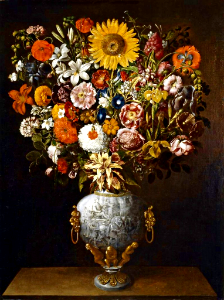 Florero con cuadriga vista de perfil (Vase with 'Chariot' Handles with Flowers). Tomàs Yepes - 1643. (Spanish, 1595 - 1674). Free illustration for personal and commercial use.