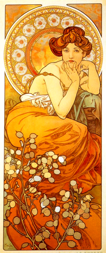 Honesty, money plant. Lunaria annua. Topaz. Part of the precious gem series by Alfonso Mucha (1900)