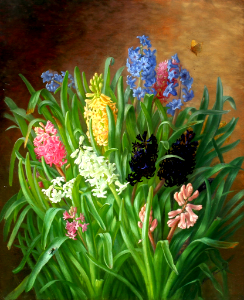 Still life with hyacinths and a butterfly. Alfrida Baadsgaard (Danish, 1839–1912). Oil on canvas.. Free illustration for personal and commercial use.