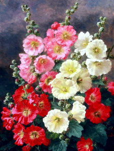 Single hollyhocks. By Anthonore Christensen (1849-1926). Free illustration for personal and commercial use.