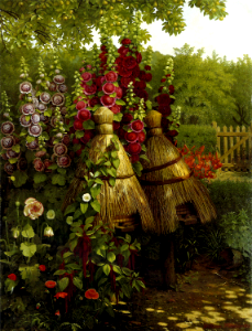 Hollyhocks, poppies, love-lies-bleeding, and lilies. By Anthonore Christensen (1849-1926 ). Free illustration for personal and commercial use.