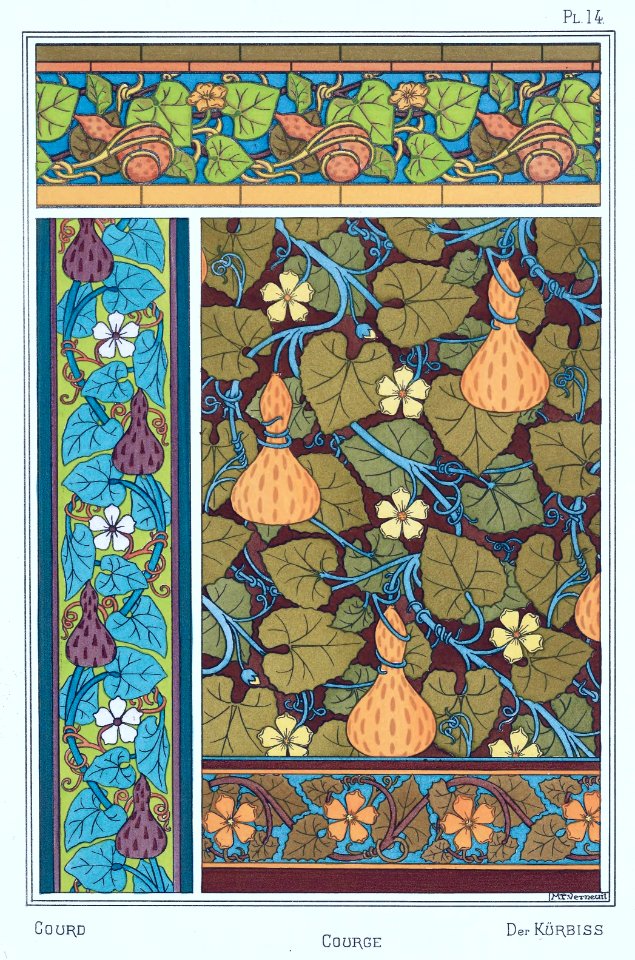 Gourd, courge, der kürbiss. La plante et ses applications ornementales by Grasset, M. E. Illustration by Maurice Pillard Verneuil (1896)