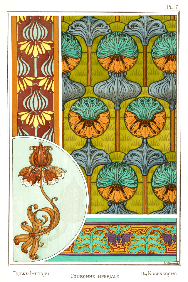 Crown imperial, couronne imperial, die nebenkrone. La plante et ses applications ornementales by Grasset, M. E. Illustration by Maurice Pillard Verneuil (1896). Free illustration for personal and commercial use.