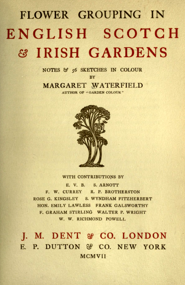 Flower grouping in English, Scotch & Irish gardens, notes & 56 sketches in colour, by Margaret Waterfield (1907). Free illustration for personal and commercial use.