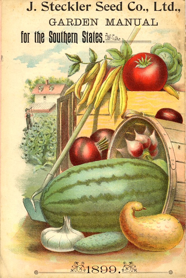 Watermelon, tomatoes, beets, beans, cucumber, onion, and gourd. J. Steckler Seed Co., L.t.d. (1899)
