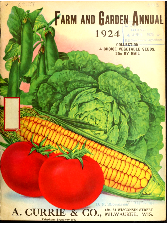 Vegetables - Lettuce, Corn, Tomato, Pea. A. Currie & Company, 1924.