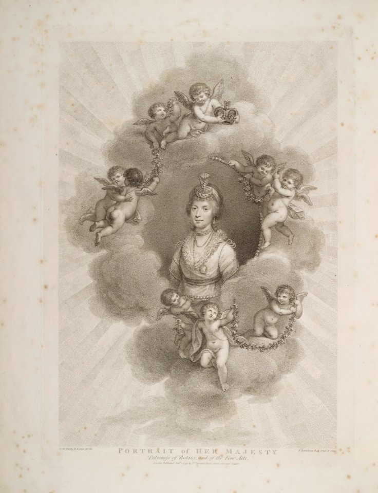 Frontispiece: Portrait of Her Majesty. Thornton, R.J., New illustration of the sexual system of Carolus von Linnaeus and the temple of Flora, or garden of nature, (1799)