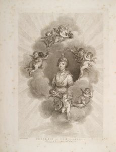 Frontispiece: Portrait of Her Majesty. Thornton, R.J., New illustration of the sexual system of Carolus von Linnaeus and the temple of Flora, or garden of nature, (1799). Free illustration for personal and commercial use.