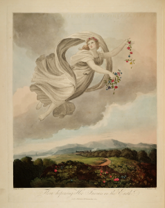 Flora dispensing her favours on the Earth. Thornton, R.J., New illustration of the sexual system of Carolus von Linnaeus and the temple of Flora, or garden of nature, t. (1807). Free illustration for personal and commercial use.