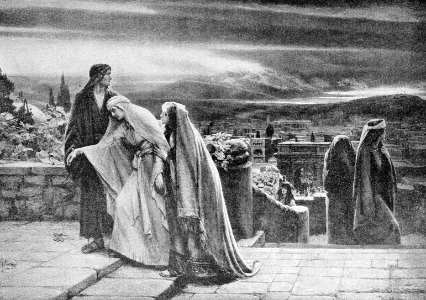 16 Believers grieving with Crucifixion in the distance