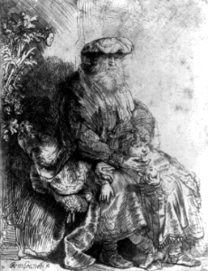 Abraham caressing Isaac (Rembrandt)