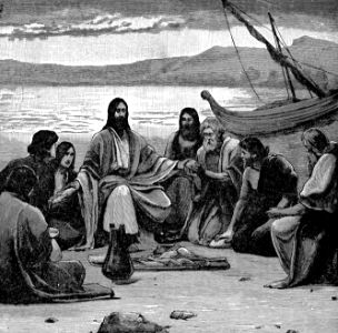 63 After the Resurrection, at the Sea of Galilee - Jesus takes bread and gives to them. Free illustration for personal and commercial use.