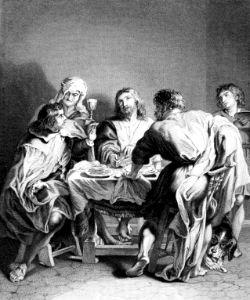 32 Luke 24 v30 The Meal at Emmaus - He took bread and blessed it. Free illustration for personal and commercial use.