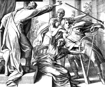 093 1 Samuel 19 v09-10 - Saul throws a Javelin at David. Free illustration for personal and commercial use.