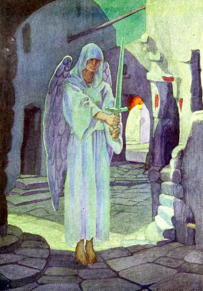 11 The Angel of Death passes over the blood-marked houses (color)