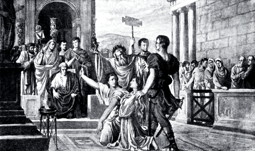 Perpetua brought before the Tribunal in Carthage. Free illustration for personal and commercial use.