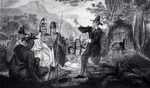 John Eliot preaching to the Indians. Free illustration for personal and commercial use.