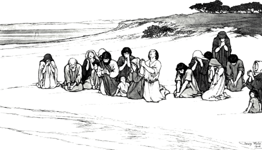 20 Acts 21 v05 Paul and the Faithful at Tyre - kneeling in prayer (Wylie)