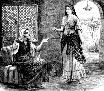04 Mary visits Elisabeth - Elisabeth praises God. Free illustration for personal and commercial use.