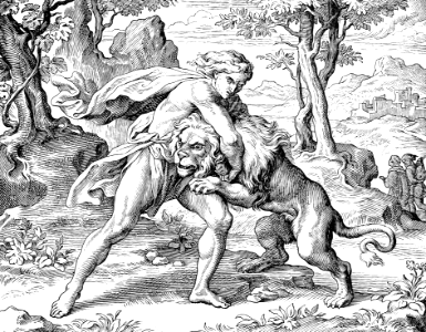 077 Samson fights a Lion. Free illustration for personal and commercial use.