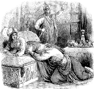 166 Haman pleads before Esther. Free illustration for personal and commercial use.