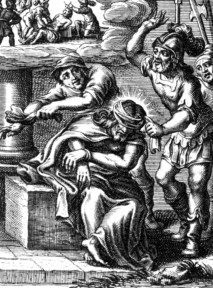17 Luke 22 v64 Jesus before Caiaphas - blindfolded and smitten (Type - Judges 16 v21 Samson blinded and captive)