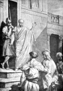 120 Jesus is brought to Pilate. Free illustration for personal and commercial use.