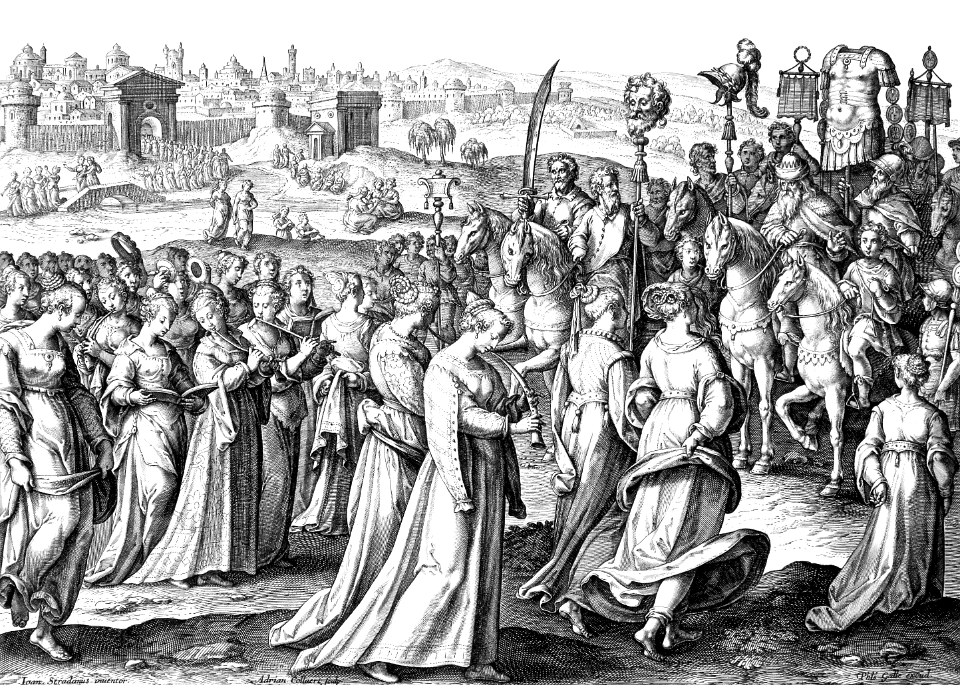05 1 Samuel 18 v06-07 The Women come out to greet Saul and David on return from Battle with the Ph