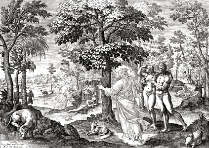 01 Genesis 02 Adam and Eve in the Garden with God. Free illustration for personal and commercial use.