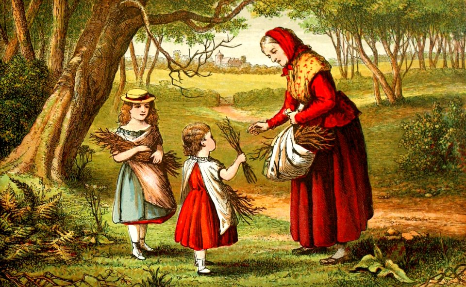 08 Proverbs 17 v27 Two Young Girls help an Old Lady gather Sticks (Withhold not good form them to