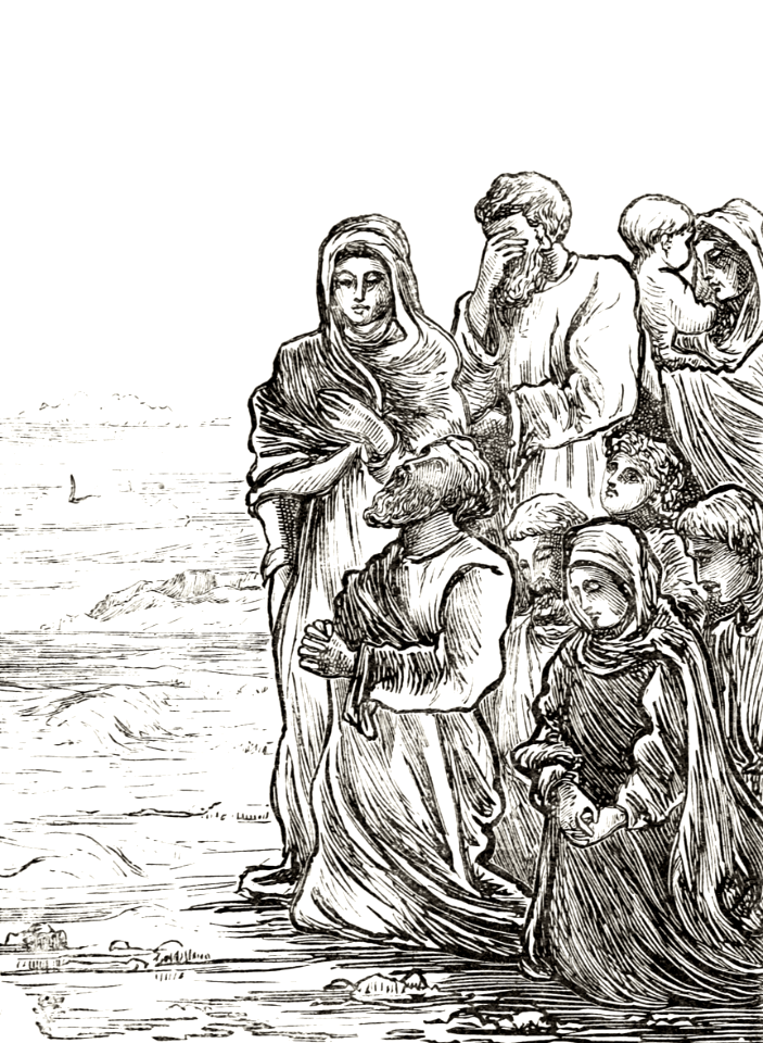 Acts 21 v05 - Paul and the believers at Tyre pray on the shore at his departure