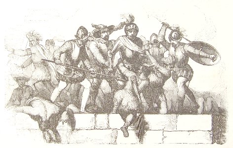 "Hernán Cortés en el ataque del adoratorio".. Free illustration for personal and commercial use.