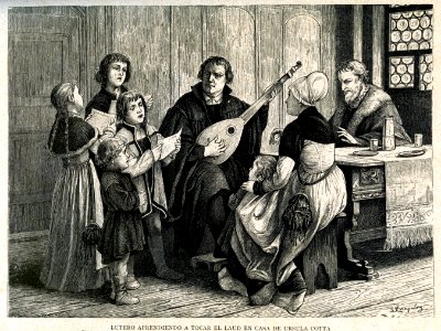 "Lutero aprendiendo a tocar el Laúd en casa de Ursula Cott…. Free illustration for personal and commercial use.