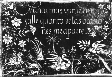 "Adornos caligráficos (Escena de caza y motivos vegetales …. Free illustration for personal and commercial use.