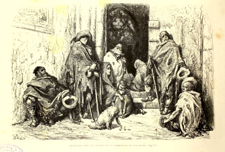 "Mendiants dans le cloître de la cathédrale de Barcelone". Free illustration for personal and commercial use.