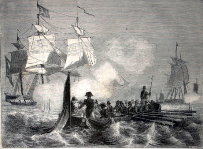 "Napoleón arrostrando el fuego de una fragata inglesa".. Free illustration for personal and commercial use.